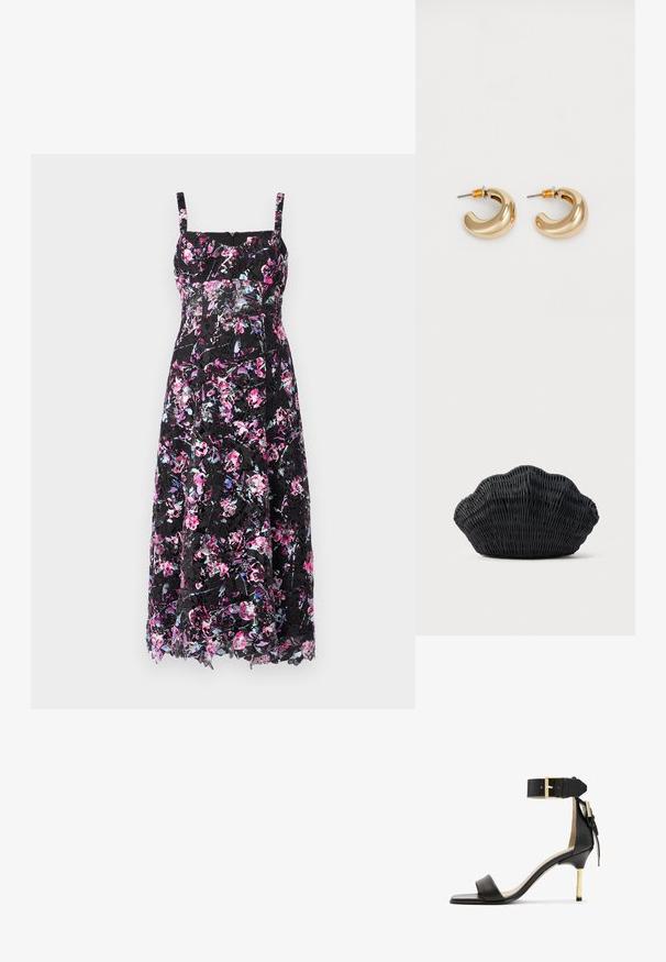 Zwart bloemenjurk met spaghettibandjes, voorzien van een levendig patroon van roze en paarse bloemen, met een doorschijnende kanten overlay en een middenlange stijl.; Zwarte leren sandalen met hak en vierkante neus, enkelband met een gouden gesp en een slanke metalen hak. Soepele textuur, minimalistisch ontwerp.; Zwarte gevlochten handtas in de vorm van een sint-jakobsschelp met een gebogen bovenkant en een geweven textuur op een effen achtergrond.; Twee glanzende gouden hoepel oorbellen in een gebogen ontwerp, met oranje accenten bij de oorpost, tegen een eenvoudige witte achtergrond.