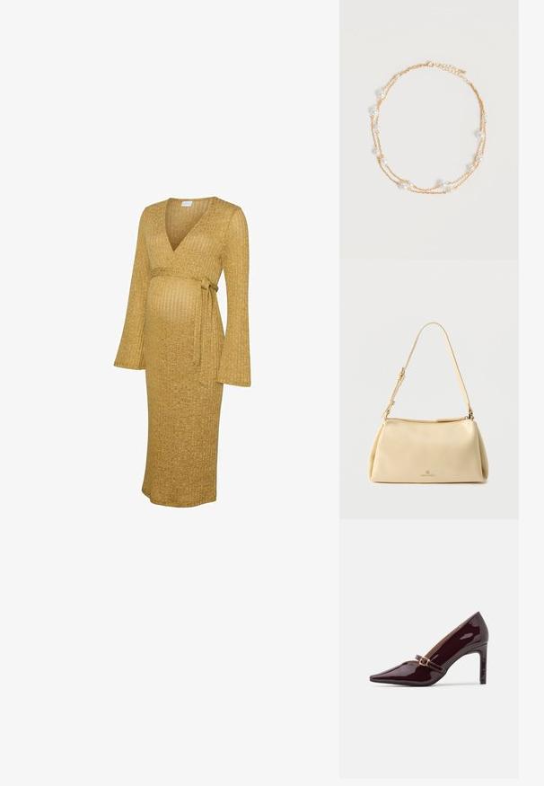 Robe de maternité en tissu côtelé jaune moutarde, avec un col en V, de longues manches évasées et un design à taille nouée. Longueur mi-mollet.; Chaussure à talon aiguille bordeaux en patent avec un embout pointu, une bride de cheville comportant des accents en métal doré, et une finition lisse et brillante. Talon stiletto surélevé.; Sac bandoulière rectangulaire beige avec sangle réglable et fermeture éclair, comportant un petit logo "Anna Field" au centre avant.; Collier délicat à double chaîne en or avec de petites perles blanches espacées régulièrement sur un fond clair uni.