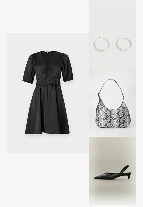 Zwarte jurk met korte mouwen en V-hals, koordsluiting in de taille en uitlopende rok. Gemaakt van gladde, glanzende stof; heeft poefmouwen en subtiele details.; Zwarte lederen slingback kitten heel met puntige neus en klein gouden gespsluiting op een effen achtergrond.; Zwart-witte slangenprint schoudertas met een afgeronde vorm, een gladde textuur en een ronde strap. Voorzien van een zilveren hardwareaccent.; Zilverkleurige metalen creolen oorbellen met een glad, licht gebogen oppervlak en sluitingen met haaksluiting op een effen witte achtergrond.