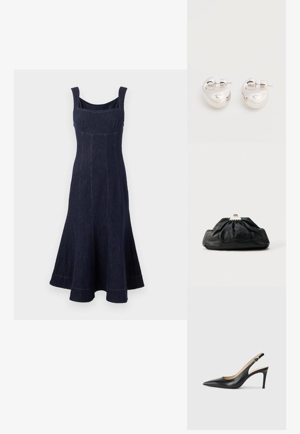 Mørk denimkjole med tætsiddende overdel, udvidet nederdel, firkantetudskæring og brede stropper. Kontrast søm på sømmene.; Sorte læder slingback højhælede sko med spids tå, justerbar rem og en slank stiletto hæl, der har en glat finish.; Sort læderclutch med en samlet tekstur, metal lukning og diskret præget logo på forsiden. Rundet form.; Par af skinnende sølv store øreringe med lukning på bagsiden mod en ensfarvet hvid baggrund.