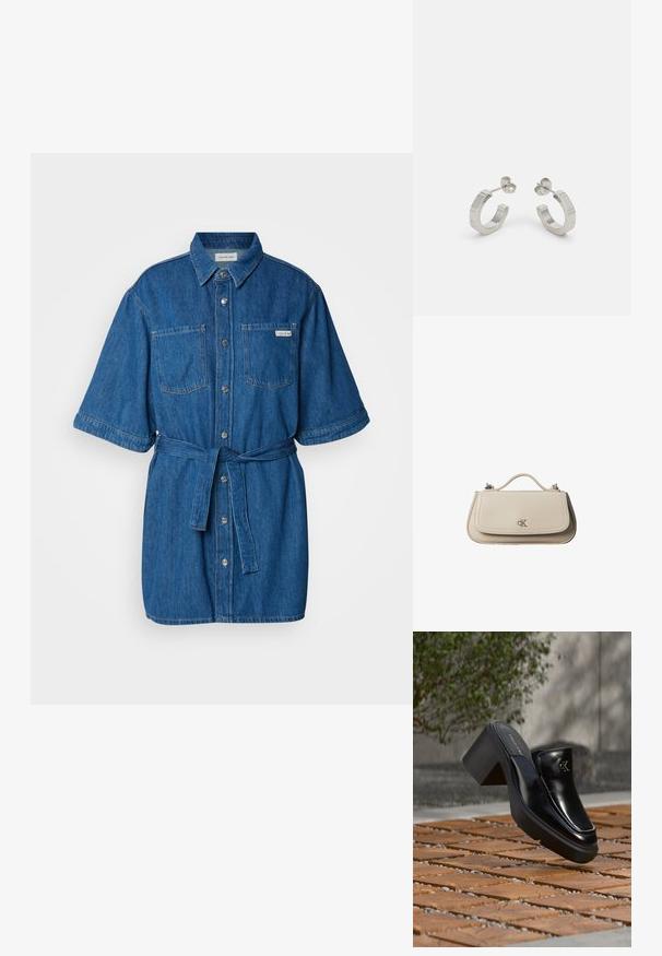 Denim jurkje in blauw, met korte mouwen, een kraag, twee borstzakken, een strikceintuur en zilveren knopen aan de voorkant.; Zwarte leren Calvin Klein slip-on mule met blokhak rustend op houten tegels buiten, vlak bij een groene plant en een grijze muur.; Kleine beige leren handtas met bovenhandvat en zilveren CK-logo op de voorflap, getoond tegen een witte achtergrond.; Zilveren metalen hoepel oorbellen met een gestructureerd ontwerp, voorzien van een kleine post achter en branding op een van de hoepels. Ronde vorm met een gepolijste afwerking.
