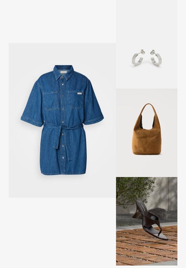 Sininen farkkutunika, jossa on lyhyet hihat, kaulus, kaksi rintataskua, vyötärölle solmittava nauha ja hopeiset napit edessä.; Ruskea Calvin Klein -merkkinen korkokenkäinen varvastossu roikkuu puulattialaattojen ja sorapinnan yläpuolella, taustalla sumeaa kasvillisuutta ja kiviä.; Ruskea mokkanahkainen hobo-laukku, jossa leveä hihna ja pehmeä, löysä muotoilu, esillä yksinkertaista vaaleaa taustaa vasten.; Hopeva ripustettavat korvakorut, joissa on hopeinen metallinen, tekstuurihoitoinen muotoilu. Niissä on pieni postikiinnitys ja brändäys yhdellä hoopilla. Pyöristetty muoto ja kiiltävä pinta.
