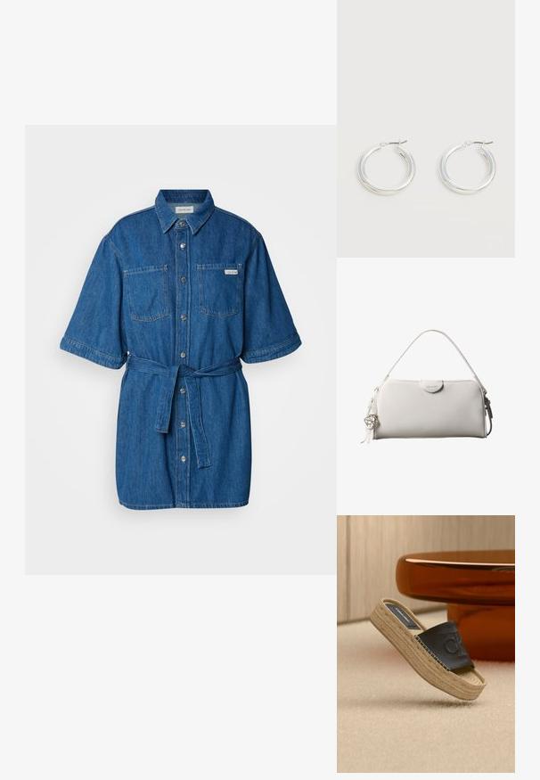 Denim jurkje in blauw, met korte mouwen, een kraag, twee borstzakken, een strikceintuur en zilveren knopen aan de voorkant.; Beige plateauzool slidesandaal met gevlochten zool en zwarte leren bovenkant met gegraveerd "CK"-logo, geplaatst bij een bruine ronde tafel.; Witte rechthoekige Calvin Klein handtas met enkele handgreep, minimalistisch ontwerp en decoratieve kwastjes met geometrische metalen hanger aan de zijkant.; Een paar middelgrote glanzende zilveren oorringen met dunne metalen sluitingen op een lichte neutrale achtergrond.
