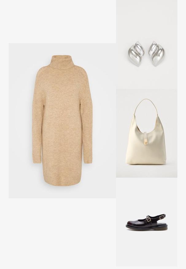 Beige turtleneck neule, pehmeä neulepinta, rento istuvuus, pitkät hihat ja hieman ylisuurennettu muoto.; Tumma viininpunainen nahkainen Mary Jane -kenkä, jossa on kaksi säädettävää solkea ja musta kumipohja, esitetty sivuprofiilina valkoisella taustalla.; Kermanvärinen nahkainen hobo-laukku, jossa on yksi olkahihna, sileä pinta ja etupuolella kullanvärinen solki.; Hopeakoru, jolla on orgaaninen, abstrakti muoto. Sileä, kiiltävä pinta ja kapeneva muotoilu. Korussa on hienovaraisia kaaria ja keskeinen viivayksityiskohta.