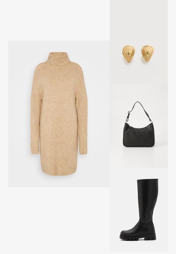 Beige turtleneck neule, pehmeä neulepinta, rento istuvuus, pitkät hihat ja hieman ylisuurennettu muoto.; Even&Odd Platform-saappaat - black; Mustat nahkakäsilaukku, jossa on kaareva muoto, yksi hihna, vetoketjukiinnitys ja hienovarainen brändäys etuosassa. Sujuva pinta, minimalistinen muotoilu.; Pari keltaisella kullalla sävytettyjä pisaranmuotoisia korvakoruja, joissa on kaiverrettuja kukka- ja geometrisia kuvioita tasaisella pohjalla.
