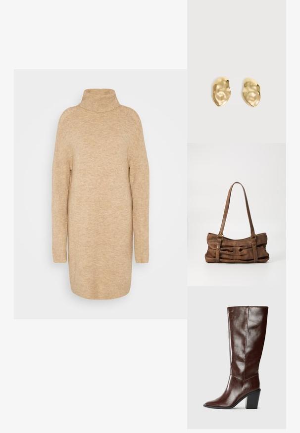 Pull à col roulé beige, texture tricot douce, coupe décontractée, manches longues et design légèrement oversized.; Botte haute en cuir marron foncé avec un bout pointu et un talon empilé, présentée de côté sur un fond uni.; Even&Odd Sac à main - brown; Paire de boucles d'oreilles en métal doré brillant, de forme irrégulière, avec une surface froissée et lisse sur un fond clair uni.