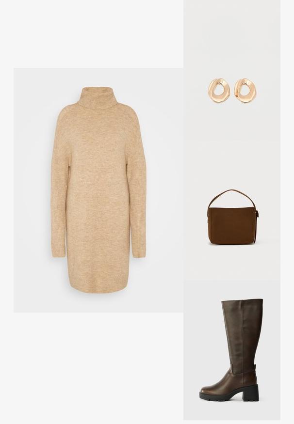 Pull à col roulé beige, texture tricot douce, coupe décontractée, manches longues et design légèrement oversized.; Bottine en cuir marron jusqu'au genou avec un talon épais noir et une finition texturée. Présente un bout rond et des détails de couture latérale subtils.; Sac à épaule rectangulaire marron avec une large bandoulière et un détail de boucle, sur un fond blanc uni.; Paired boucles d'oreilles en métal doré poli de forme irrégulière avec un centre ouvert sur un fond blanc uni.