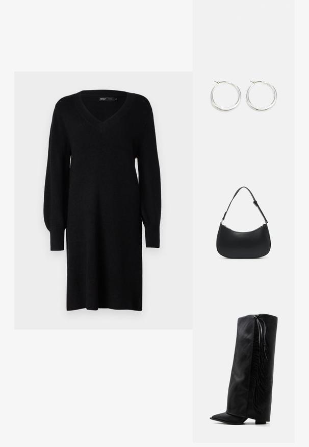 Robe tricotée noire avec un décolleté en V, de longues manches ballons et des poignets côtelés. Le design est droit, avec un tissu texturé.; Botte noire en cuir montante jusqu’au genou avec bout pointu et franges décoratives le long du côté extérieur sur fond blanc uni.; Pieces PCALUANA SHOULDER BAG - Sac à main - black; Les boucles d'oreilles en argent en forme de créole présentent un design lisse et arrondi avec un profil fin et un fermoir sécurisé. Style minimaliste avec une finition polie.