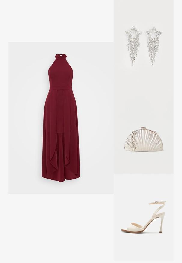 WAL G PETITE YANNY HALTER NECK - Trikotaažkleit - cherry wine; Beež kõrge kontsaga sandaal õhukese pahkluu rihma ja kuldse pandlaga, avatud varbaosaga ning õhukese kontsaga valgel taustal.; Metalse hõbedane õlakott, mis on kujundatud nagu merekest, külge riputatud hõbedase kettidega.; Rhinestone-iga tähe kõrvarõngad, millel on voogav frantsiisi detail, hõbedases toonis ja läikiv, peegeldav pind. Tähekuju koos keeruka disainiga.