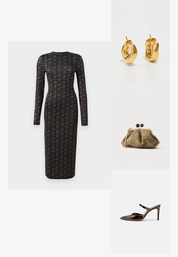Vestido negro de manga larga con un patrón geométrico marrón repetido, fabricado con un material elástico y con una silueta ajustada.; Mule de tacón alto de punta estrecha de color marrón oscuro brillante con una tira delgada sobre el empeine sobre un fondo blanco liso.; Pequeño bolso de mano con patrón geométrico en dorado y negro, marco metálico dorado, cierre de bola negro y una corta correa de cadena dorada.; Pendientes de aro grueso en oro con un diseño tubular ligeramente retorcido y cierre de presión, sobre un fondo blanco.