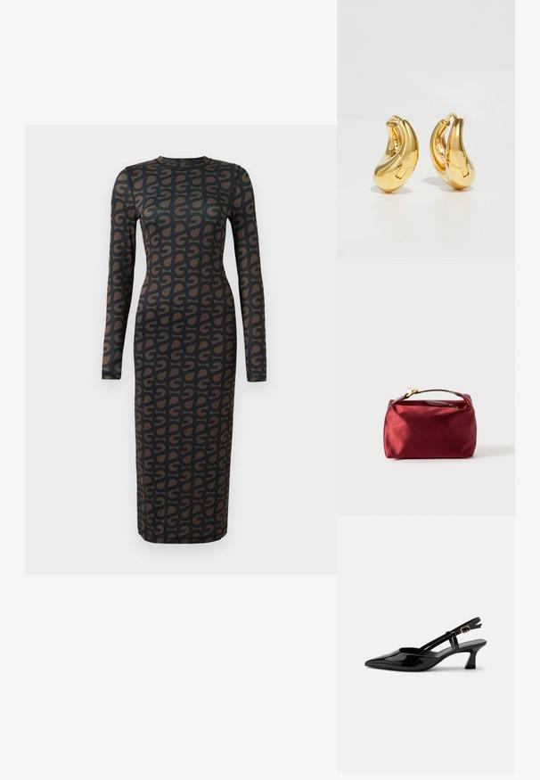 Vestido negro de manga larga con un patrón geométrico marrón repetido, fabricado con un material elástico y con una silueta ajustada.; Zapato slingback de charol negro con tacón bajo, punta puntiaguda y correa ajustable con hebilla dorada sobre fondo blanco.; Bolso de cosméticos de satén burdeos con forma rectangular, cierre de cremallera y un mango corto. Presenta un diseño minimalista y una textura suave.; Pendientes de aro de oro con forma curva y suave, y acabado pulido. Presentan un mecanismo de cierre y ligeras indentaciones para un toque de detalle.