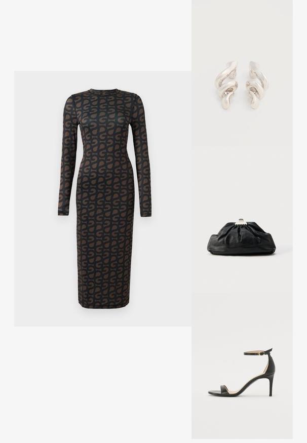 Vestido negro de manga larga con un patrón geométrico marrón repetido, fabricado con un material elástico y con una silueta ajustada.; Sándalo de tacón alto de piel negra con tiras en el tobillo. Presenta una textura suave, puntera abierta y un tacón delgado. Detalles de hebilla en tono dorado.; Bolso de mano de cuero negro con textura recogida, cierre de broche metálico y logo en relieve sutil en el frente. Forma redondeada.; Pendientes de clip de metal plateado retorcido con un acabado liso y brillante, que presentan un diseño moderno y abstracto en espiral.