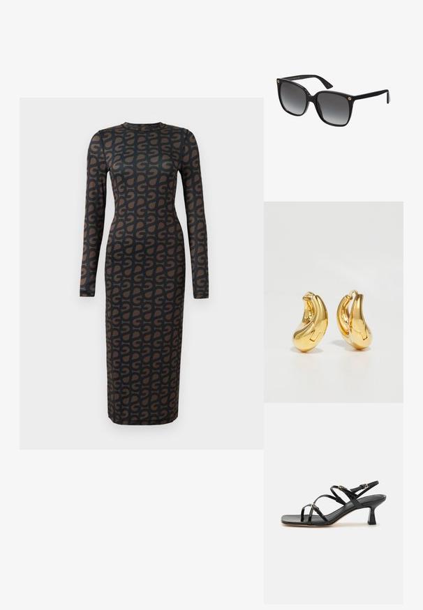 Vestido negro de manga larga con un patrón geométrico marrón repetido, fabricado con un material elástico y con una silueta ajustada.; Sandalias de charol negro con tiras, punta cuadrada y un bajo tacón en bloque. Presenta herrajes en tono dorado y correas en el tobillo ajustables.; Gafas de sol negras de gran tamaño con lentes gradientes, montura de plástico grueso y acentos dorados del logo en las varillas. Forma angular y acabado pulido.; Pendientes de aro de oro con forma curva y suave, y acabado pulido. Presentan un mecanismo de cierre y ligeras indentaciones para un toque de detalle.