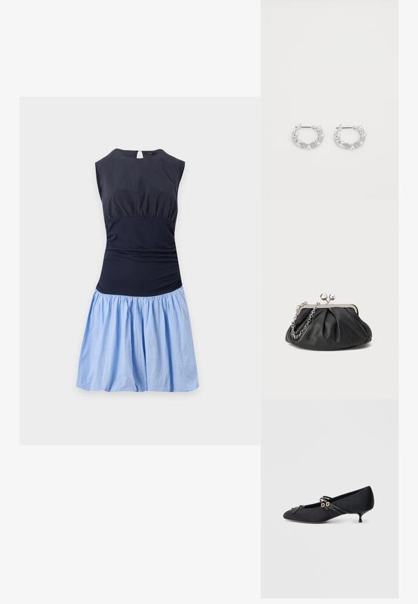 Robe sans manches avec un haut bleu marine foncé ajusté et une jupe bleue claire froncée, dotée d'un col rond et d'une fermeture en forme de trou de serrure dans le dos.; Chaussures en satin noir à talons bas avec un bout pointu, ornées d'un nœud décoratif et de fines brides en cuir avec des accents dorés.; Porte-monnaie en cuir noir avec texture froncée, cadre en métal argenté, fermeture à verrouillage kiss-lock et bandoulière en chaîne. Surface lisse et douce.; Boucles d'oreilles en argent en forme de créoles avec des accents de perles et de cristaux, présentant une surface texturée et une fermeture à tige sécurisée.