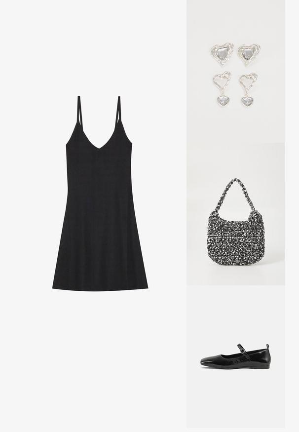 Robe nuisette noire à rayures avec un décolleté en V et de fines bretelles réglables. Présente une coupe décontractée, tombant au-dessus des genoux, avec un design minimaliste.; Chaussure plate en cuir verni noir avec un bout pointu, une sangle de cheville avec boucles, et une texture lisse et brillante. Talon bas pour le confort.; Sac en osier noir et blanc de forme arrondie, avec une surface texturée et une poignée tressée. Convient à un usage décontracté.; Des boucles d'oreilles en argent en forme de cœur présentent des pierres claires facettées, avec un cadre texturé. L'ensemble comprend des styles à clou et des styles pendants.