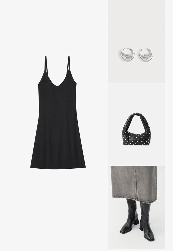 Vestido deslizante negro de canalé con escote en V y tirantes finos ajustables. Presenta un corte relajado, que cae por encima de las rodillas, con un diseño minimalista.; Botas negras hasta la rodilla de cuero liso con punta cuadrada y tacón cuadrado. Llevadas con una falda de mezclilla gris con dobladillo desflecado.; Bolso de cuero negro con un asa curva, adornado con puntos plateados y un cierre de cremallera en un lado.; Par de pendientes de aro plateados pulidos con diseño de barra curva en capas sobre un fondo claro y liso.