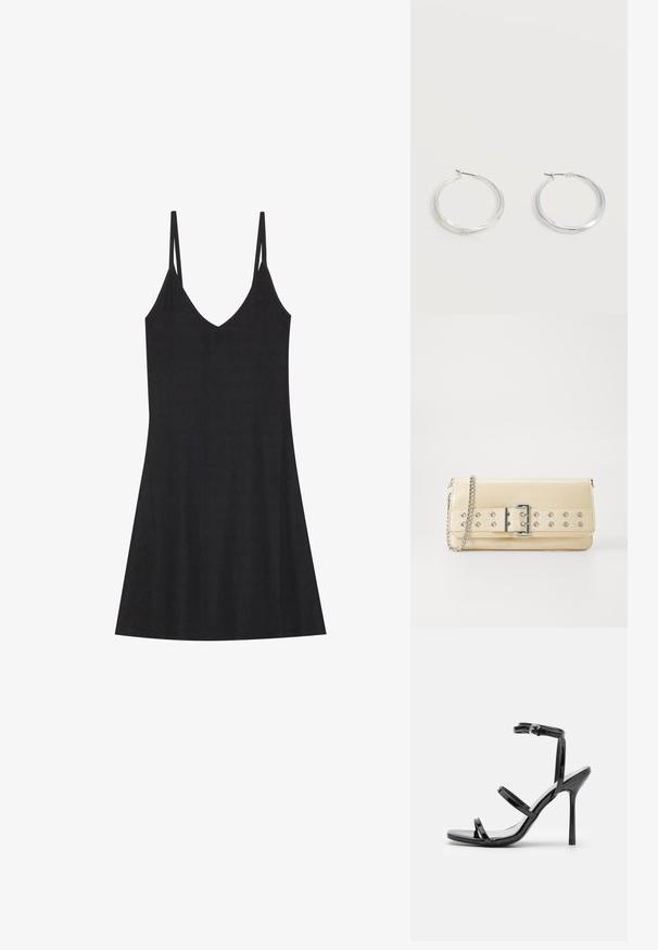 Vestido deslizante negro de canalé con escote en V y tirantes finos ajustables. Presenta un corte relajado, que cae por encima de las rodillas, con un diseño minimalista.; Sandalias de tacón alto de charol negro con tres tiras horizontales y una correa en el tobillo ajustable. Silueta elegante y acabado brillante.; Bolso de mano beige con cinturón ancho que presenta ojales y hebilla plateados, y una correa de cadena plateada sobre un fondo blanco.; Pendientes de aro de metal plateado con superficie lisa y ligeramente curvada y cierre de tipo mosquetón sobre un fondo blanco liso.