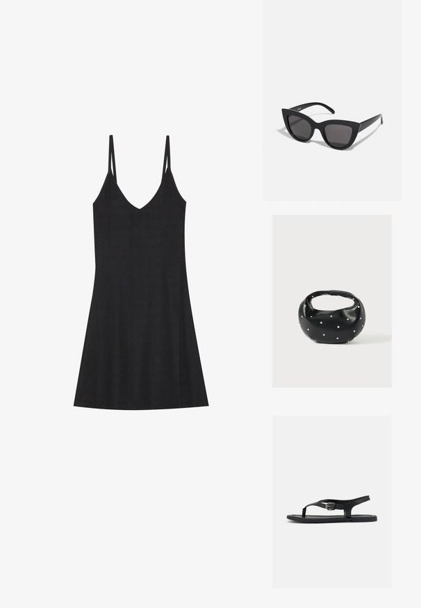 Robe nuisette noire à rayures avec un décolleté en V et de fines bretelles réglables. Présente une coupe décontractée, tombant au-dessus des genoux, avec un design minimaliste.; Sandale plate noire avec bride à la cheville, entre-doigt et boucle argentée sur semelle lisse, vue de côté sur fond blanc.; Lunettes de soleil noires en forme d'œil de chat avec une finition mate, dotées de verres teintés gris, d'angles aigus et de branches élégantes. Nom de la marque visible sur la branche intérieure.; Sac à main en cuir noir de forme arrondie, décoré de clous argentés et équipé d'une poignée courte. Texture lisse et fermeture éclair.