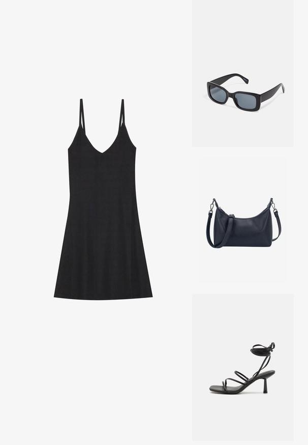 Sort ribbet slipkjole med V-hals og tynde justerbare stropper. Har en afslappet pasform, der falder over knæene, med minimalistisk design.; Sort strappy sandal med firkantet tå, justerbare ankelbind og en slank, blokhæl. Fremstillet af et glat, holdbart materiale.; Sorte rektangulære solbriller med mørkt tonede linser, tyk plastramme og brede stænger. Glat overflade og kantet design.; Sort skuldertaske i læder med en buet silhuet, lynlåslukning og en aftagelig rem. Glat tekstur med minimale metaldetaljer.