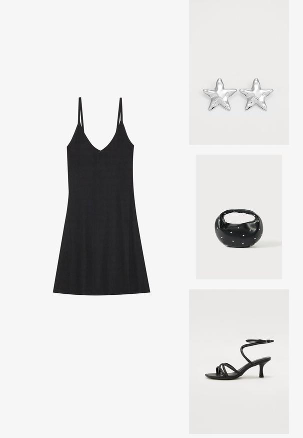 Vestido deslizante negro de canalé con escote en V y tirantes finos ajustables. Presenta un corte relajado, que cae por encima de las rodillas, con un diseño minimalista.; Even&Odd Wide Fit by Zalando Sandalias - black; Bolso de mano de cuero negro con forma redondeada, decorado con detalles de tachuelas plateadas y un asa corta. Textura lisa y cierre con cremallera.; Pendientes en forma de estrella plateada con una superficie pulida y brillante. Cada pendiente presenta cinco puntas y sutiles detalles de textura en la superficie.