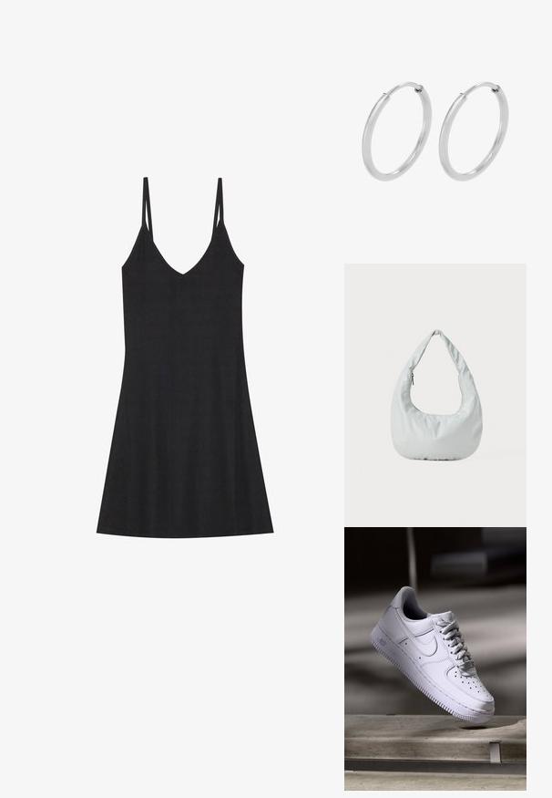 Zwarte geribbelde slipdress met een V-hals en dunne verstelbare bandjes. Heeft een relaxed fit, valt boven de knieën en heeft een minimalistisch ontwerp.; Witte Nike Air Force 1 sneaker die zweeft boven een betonnen oppervlak met schaduwen in een minimalistische setting.; Zachte, lichtgrijze hobo tas van synthetisch materiaal. Heeft een enkele gevoerde handgreep en een ritsvak aan de zijkant.; Zilveren hoepeloorbellen, cirkelvormig, met een gladde glanzende textuur en een constante breedte. Minimalistisch ontwerp zonder extra accenten.