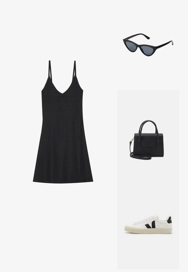 Vestido deslizante negro de canalé con escote en V y tirantes finos ajustables. Presenta un corte relajado, que cae por encima de las rodillas, con un diseño minimalista.; Zapatilla de cuero blanca con logo V de goma negra. Suela texturizada en blanco roto, cordones blancos y detalle en el talón trasero con el nombre de la marca en negro.; Gafas de sol negras en forma de ojo de gato con lentes gris oscuro, marco de plástico elegante, esquinas puntiagudas y patillas rectas. Sin herrajes ni acentos visibles.; Bolso estructurado negro de cuero con un asa superior, correa de hombro desmontable y un detalle de tapa en la parte frontal. Acentos en dorado.