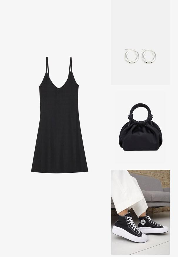 Robe nuisette noire à rayures avec un décolleté en V et de fines bretelles réglables. Présente une coupe décontractée, tombant au-dessus des genoux, avec un design minimaliste.; Baskets montantes noires avec semelles et lacets en caoutchouc blanc. Dotées d'un patch logo rond et de surpiqûres blanches contrastantes. Matière en toile.; Sac à main en tissu noir doux avec haut froncé et poignées circulaires rembourrées nouées de chaque côté.; Boucles d'oreilles en argent avec une finition polie, présentant une forme circulaire et une fermeture à charnière. Texture lisse avec un minimum de détails.