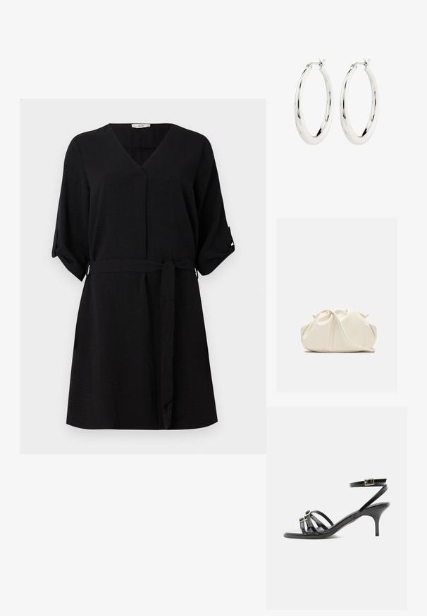 Robe noire avec un décolleté en V et des manches courtes. Présente une taille nouée, une coupe au genou et un tissu doux et texturé. Pas de motifs ni d'accents.; Sandale noire en cuir à brides, talon kitten, bout carré, deux boucles devant et bride de cheville avec fermeture à boucle dorée.; Pochette en cuir souple couleur crème avec un design froncé et une fine bandoulière reposant à l’avant sur un fond uni.; Boucles d'oreilles créoles en argent avec une finition lisse et brillante. Forme circulaire, dotée d'un fermoir sécurisé. Design simple et élégant.