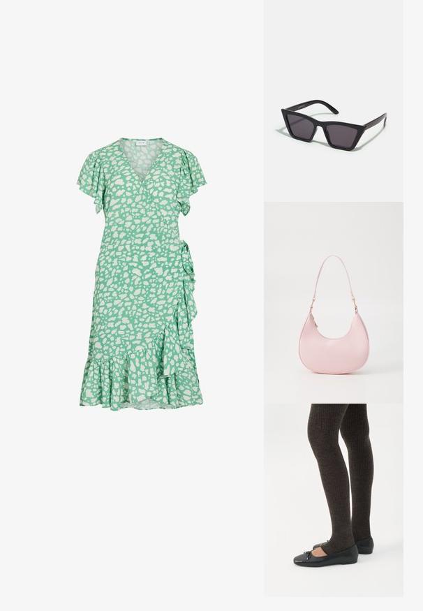 Vestido verde con un diseño de envoltura, mangas cortas con volantes y manchas abstractas blancas. Presenta un dobladillo acampanado y un lazo lateral para ajustar el ajuste.; Piernas con leggings oscuros acanalados combinados con bailarinas negras que presentan pequeños detalles de lazo sobre un fondo blanco.; Gafas de sol negras y angulares con lentes grises; fabricadas en plástico, con varillas gruesas de superficie suave y sin herrajes visibles.; Call it Spring CELESTY - Bolso de mano - other pink