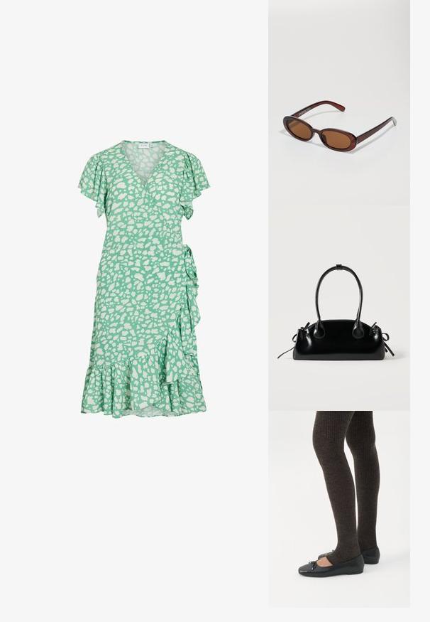Vestido verde con un diseño de envoltura, mangas cortas con volantes y manchas abstractas blancas. Presenta un dobladillo acampanado y un lazo lateral para ajustar el ajuste.; Piernas con leggings oscuros acanalados combinados con bailarinas negras que presentan pequeños detalles de lazo sobre un fondo blanco.; Gafas de sol redondas con tinte marrón y un marco burdeos brillante. Patillas delgadas con un sutil detalle de marca. Diseño de lentes planos.; Pequeño bolso negro brillante con dos asas largas y detalles de cordón lateral sobre un fondo claro liso.