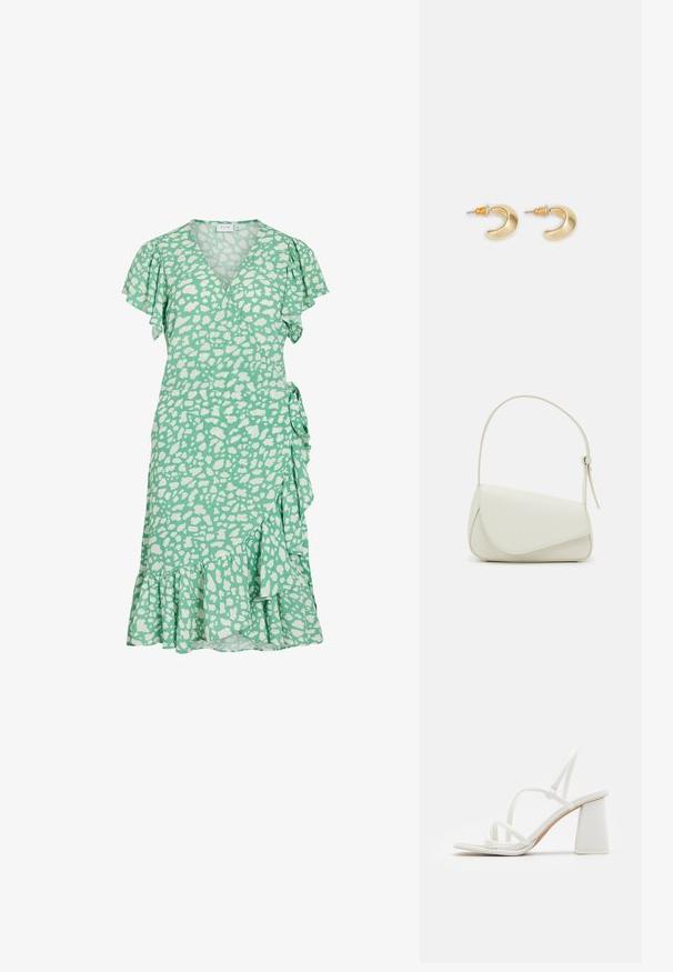 Vestido verde con un diseño de envoltura, mangas cortas con volantes y manchas abstractas blancas. Presenta un dobladillo acampanado y un lazo lateral para ajustar el ajuste.; Sandalias de tacón blanco con cintas delgadas, punta cuadrada y tacón bloque grueso, con una textura suave y un diseño minimalista.; Bolso de mano de imitación cuero blanco con una forma triangular estructurada, correa ajustable única y cierre con solapa acentuada en curva.; Pendientes en forma de media luna de oro con un acabado suave, que presentan acentos naranjas cerca del pasador y herrajes de plata.