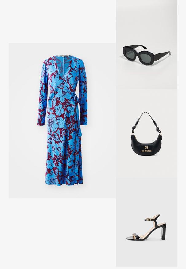 Blaue Blumenkleid mit langen Ärmeln, das einen kräftigen burgunderfarbenen Hintergrund aufweist und mit einem Taillengürtel versehen ist. Weicher Stoff mit glatter Textur.; Schwarze lackledersandalen mit hohen Absätzen und einem Knöchelriemen, offener Zehenpartie und eckigem Absatz. Glatte Textur und minimalistisches Design.; Schwarze rechteckige Sonnenbrille mit dicken Rahmen, dunklen Gläsern und kantigem Bügel-Design. Glattes Plastikmaterial mit glänzender Oberfläche.; Schwarze Halbmond-Handtasche mit geknotetem Griff und goldener "Love Moschino" Logo-Plakette vorne, Reißverschluss oben.
