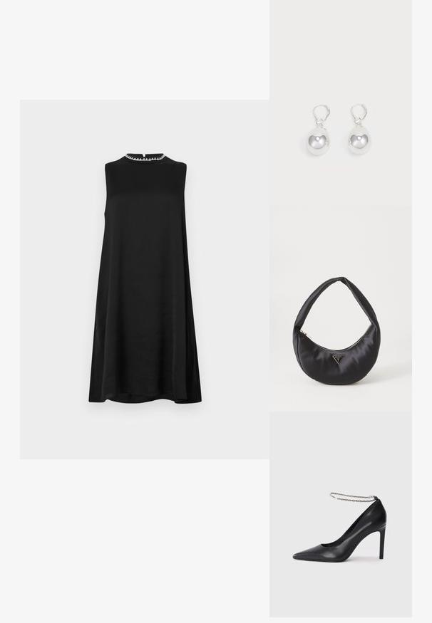 Robe noire sans manches avec un col montant et une subtile bordure décorative. Silhouette décontractée, texture lisse et longueur au genou.; Escarpin noir en cuir avec un bout pointu, doté d'une fine bride de cheville en chaîne argentée et d'une texture lisse et élégante.; Sac à main en satin noir avec une forme courbée, doté d'une fermeture à glissière et d'un logo triangulaire en métal à l'avant. Texture lisse et design épuré.; Boucles d'oreilles en argent en forme de goutte avec des surfaces lisses, rondes et réfléchissantes, suspendues à des fermoirs à ressort. L'arrière-plan est blanc uni.