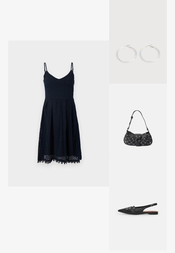 Navy mekko ohutolkaimilla, V-pääntiellä ja pitsiyksityiskohdilla. A-linjan hame, jossa on kynäviimeistely ja monimutkaisia kuvioita ympäri.; Musta nahkainen slingback-tasapohjashoe, jossa on teräväkärkinen muotoilu, kaksi vaakasuoraa hihnaa ja neliönmuotoiset hopeiset soljet, matala korko ja sileä pinta.; Mustankäsilaukku, jossa on kirjailtu pinta, hopeiset yksityiskohdat, kaareva muoto ja yksi säädettävä hihna. Vetoketjusuljenta ylhäällä.; Pari kiiltäviä hopeisia renkaanmuotoisia korvakoruja, joissa on ohuet langan sulkimet, esillä vaaleanharmaalla taustalla.