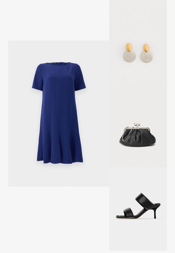 Robe A-line à manches courtes en tissu bleu profond, avec un col rond et des détails de couture subtils pour une silhouette structurée.; Sandale mule en cuir noir avec deux larges brides et un talon stiletto fin de hauteur moyenne sur un fond clair uni.; Porte-monnaie en cuir noir avec texture froncée, cadre en métal argenté, fermeture à verrouillage kiss-lock et bandoulière en chaîne. Surface lisse et douce.; Boucles d'oreilles en métal doré et argenté avec une base en disque rond et une pièce supérieure ovale, texture lisse et finition polie.