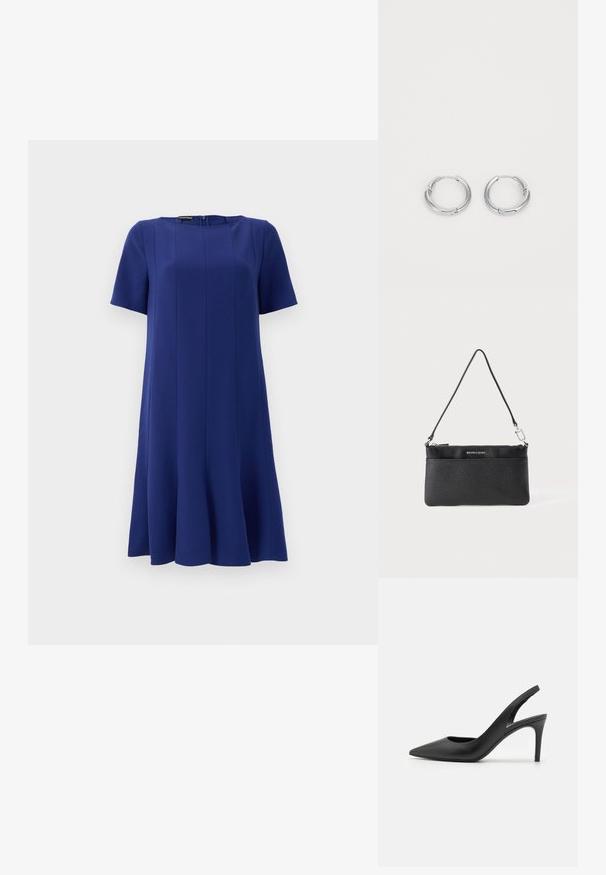Kurzärmliges A-Linien-Kleid aus tiefblauem Stoff, mit rundem Ausschnitt und dezenten Nahtdetails für eine strukturierte Silhouette.; Schwarze Leder Slingback High Heels mit einem spitzen Zehendesign, das an der Vorderseite ein Ausschnitt hat und einen dünnen Stilettoblock. ; Schwarze Leder-Wristlet, strukturierte Oberfläche, Reißverschlussverschluss, silberfarbene Hardware, Markenlogo, verstellbarer Riemen. Kompakter und rechteckiger Zuschnitt.; Silberne Creolen mit glatter, polierter Oberfläche. Kreisform mit einem kleinen Verschlussdetail für den Schließmechanismus. Minimalistisches Design, leicht.