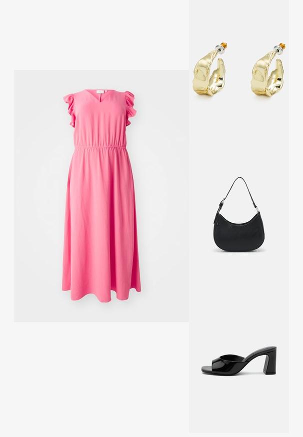 Rosa Maxikleid mit V-Ausschnitt, voluminösen kurzen Ärmeln und elastischem Taillenbund, das eine glatte Textur und eine fließende Silhouette aufweist.; Schwarzer Pantoletten aus Lackleder mit offenem Zehenbereich, breitem Riemen und klobigem mittelhohem Blockabsatz auf weißem Hintergrund.; Schwarze Hobo-Tasche aus glattem Leder mit einer geschwungenen Silhouette, ausgestattet mit einem einzelnen verstellbaren Trageriemen und minimalistischem Design.; Goldfarbene Ohrringe in Form abstrakter Hände, mit einer glänzenden Oberfläche, filigranen Details und einem Silber- und Goldstift für sicheren Halt.