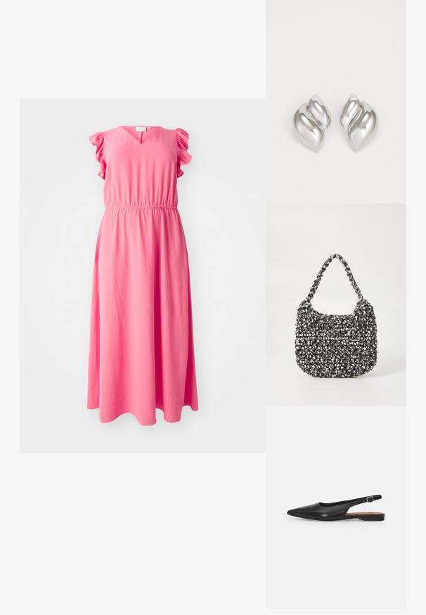 Rosa Maxikleid mit V-Ausschnitt, voluminösen kurzen Ärmeln und elastischem Taillenbund, das eine glatte Textur und eine fließende Silhouette aufweist.; Schwarzer Leder Slingback-Schuh mit spitzer Zehenform, subtiler Glanz und verstellbarem Knöchelriemen. Flacher Absatz mit einer braunen Innensohle.; Gewebte Handtasche in Schwarz und Weiß mit runder Form, strukturiertem Oberflächenfinish und geflochtener Grifffläche. Geeignet für den lässigen Gebrauch.; Silberne Ohrringe mit einer organischen, abstrakten Form. Glatte, glänzende Oberfläche mit einem konischen Design. Mit dezenten Kurven und einem zentralen Linienelement.