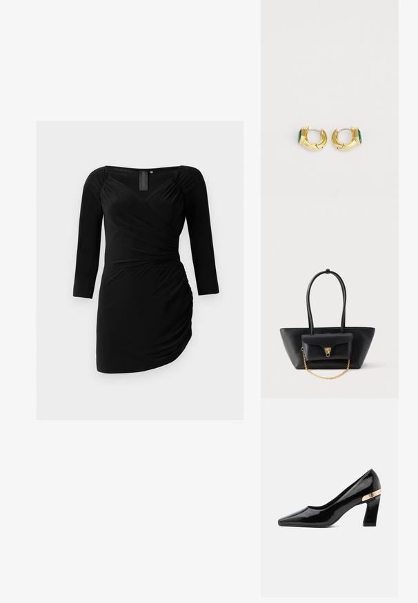 Robe noire enveloppante en tissu doux, avec des manches trois-quarts, une silhouette ajustée et des détails froncés sur le côté.; Chaussure à talon haut en cuir verni noir à bout pointu avec talon bloc et accent métallique doré à l'arrière.; Sac fourre-tout en cuir noir texturé avec de longues poignées et une petite pochette attachée, ornée d'une chaîne et d'un fermoir dorés, sur fond blanc.; Boucles d'oreilles créoles dorées avec une touche de pierre précieuse verte facettée. Surface lisse avec une légère courbure, finition polie et un design minimaliste.