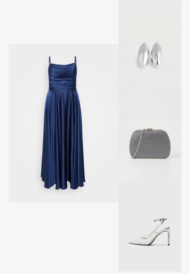 Navyblauw jurk tot de grond met dunne bandjes, met een geraffineerde bovenkant en gladde, vloeiende stof die elegant valt.; Duidelijke stiletto hak schoen met een spitse neus, transparant materiaal, metallic zilveren accenten en een verstelbare enkelband.; Zwart-witte textuur clutch tas met een ronde vorm, zilveren kettingband en een metalen sluiting aan de bovenkant.; Een paar gladde, glanzende zilveren ovale objecten die naast elkaar zijn geplaatst op een eenvoudige witte achtergrond.