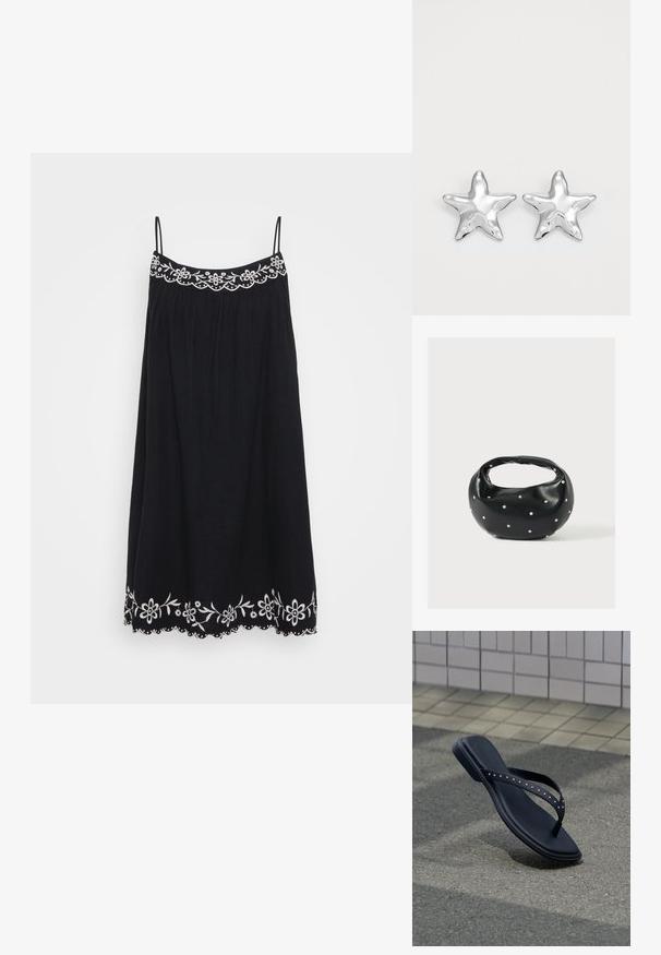 Sort ærmeløs kjole med en blomstret broderet halsudskæring og kant, der har en luftig form og bølget kant, lavet af letvægtsstof.; Sort flip-flop sandal med nittede stropper hængende over asfaltbelægning nær flisebelagt vægkant.; Sort læderhåndtaske med en rundet form, dekoreret med sølvnitter, og et kort håndtag. Glat tekstur og lynlåslukning.; Sølvstjernede øreringe med en poleret, blank overflade. Hver ørering har fem spidser og subtile teksturdetaljer på overfladen.