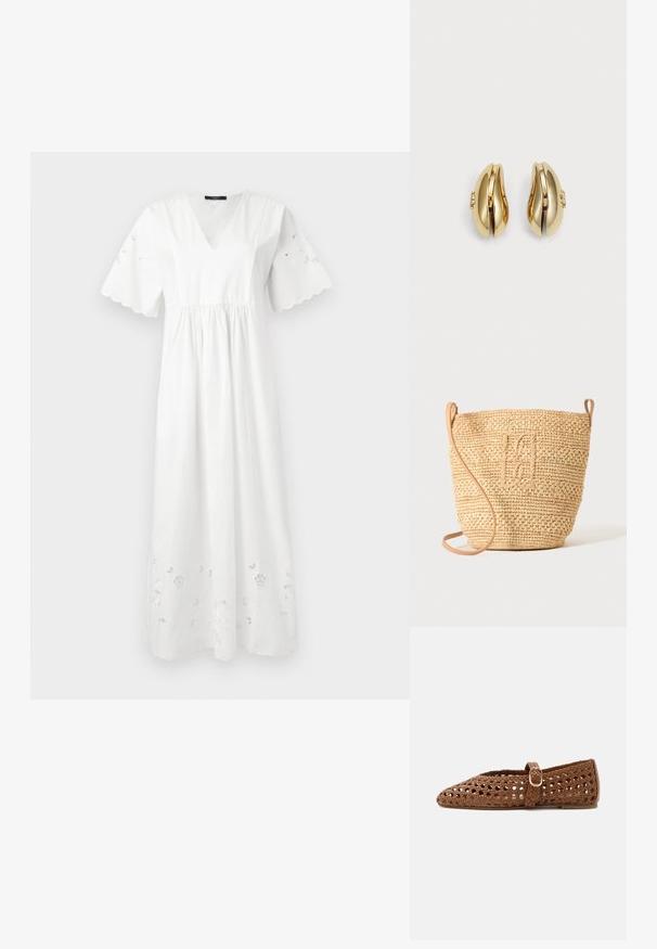 Robe midi blanche avec col en V, manches courtes festonnées avec détails ajourés, taille froncée et broderie florale découpée à l'ourlet.; Chaussure plate marron tissée avec sangle ajustable et boucle dorée, featuring un bout fermé et un design en treillis respirant.; Sac seau en paille tressée avec motif texturé et bandoulière en cuir, présenté debout sur un fond clair uni.; Boucles d'oreilles en ton or avec un design fluide et courbé. Chaque boucle d'oreille présente une surface lisse et un petit fermoir avec un détail décoratif.