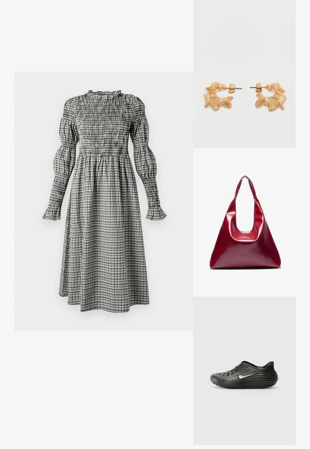 Valkoinen ja musta gingham-mekko, jossa on smokkikiinnitys, puffattuja pitkiä hihoja, röyhelöhelma ja suora, polvimittainen hame.; Mustat liukusandaalit, joissa on sileä ja teksturoitu pinta, useita ilmanvaihtorei'itä ja hopeinen Nike-logo sivulla. Pyöristetty takapää.; Punainen kiiltävä nahkakäsilaukku, jossa on kolmiomainen muoto, leveä yläaukko ja yksi kaareva kahva. Tasainen pinta, jossa on minimaalinen ommeltyyli.; Kultasävyiset korvakorut, joissa on abstrakti, orgaaninen muoto ja teksturoitu pinta sekä takakiinnityksellä varustettu lukko.