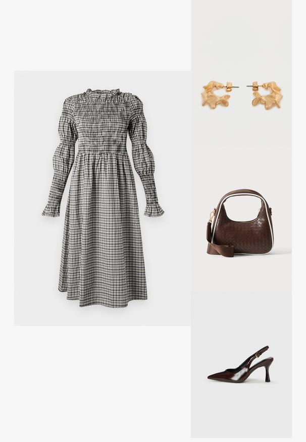 Vestido de cuadros en blanco y negro con un corsé fruncido, mangas largas abullonadas, puños con volantes y una falda fluida hasta la rodilla.; Zapatos de tacón slingback de charol marrón con punta afilada, tacón delgado y correa ajustable con una pequeña hebilla.; Bolso de mano de piel trenzada marrón con ribete blanco, cremallera dorada y correa de hombro de tela marrón desmontable.; Pendientes de tono dorado con una forma abstracta y orgánica, que presentan una superficie texturizada y un cierre de poste trasero.