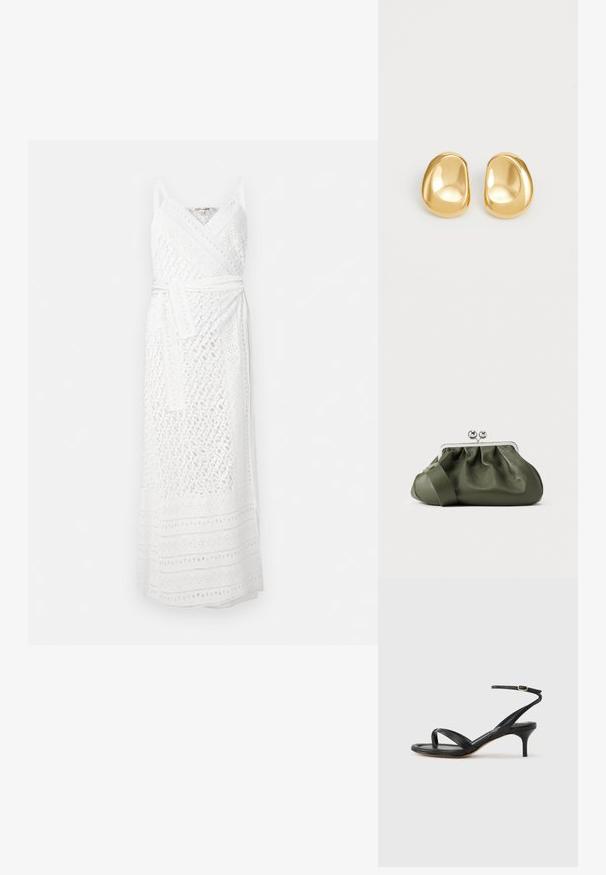 Witte wikkeljurk met een textuurdesign, voorzien van dunne bandjes en een riem. De stof heeft ingewikkelde uitsnijdingen en een lange silhouet.; Zwarte leren dames sandaal met dunne bandjes, een teengreep, een enkelgesp en een stilettohak van gemiddelde hoogte op een neutrale achtergrond.; Olijfgroene leren clutch met een geplooid ontwerp, zilverkleurig metalen frame en dubbele bolsluiting. Heeft een gladde textuur en een brede riem.; Gouden studs met een gladde, ronde vorm en een reflecterend oppervlak, met een minimalistisch ontwerp en zonder zichtbare patronen.