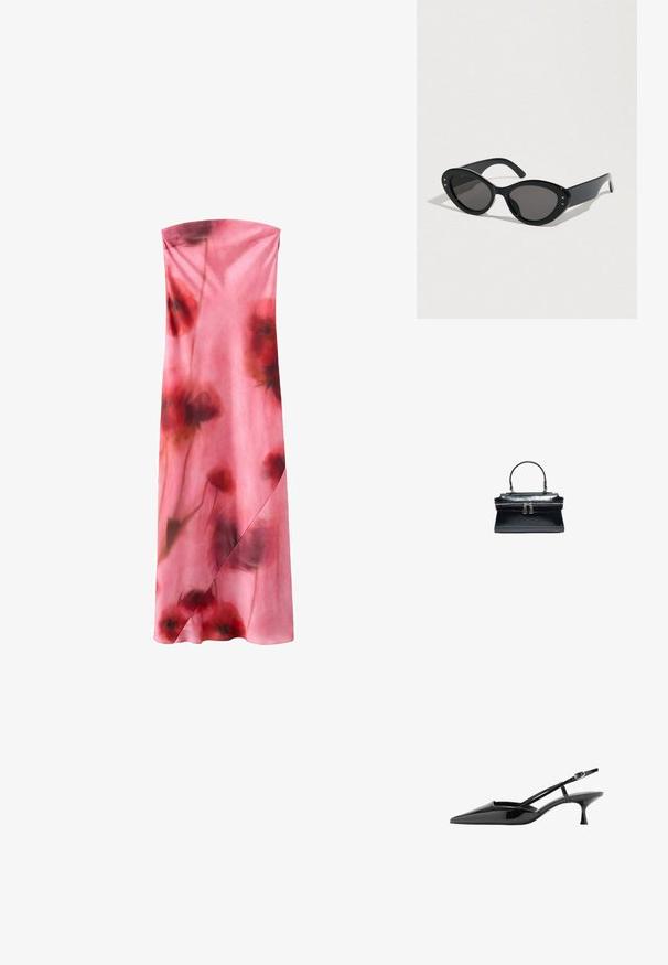 Robe maxi rose sans bretelles avec des motifs floraux rouges doux et foncés et un détail subtil façon portefeuille sur la jupe.; Chaussure noire en cuir verni à bout pointu, talon kitten, fine bride à la cheville avec boucle dorée.; Lunettes de soleil noires à forme œil de chat surdimensionnée. Montures en plastique lisse avec des verres foncés et de petits accents étoilés sur les côtés.; Sac à main en cuir noir avec une poignée supérieure, une texture crocodile et une fermeture double à glissière au centre.