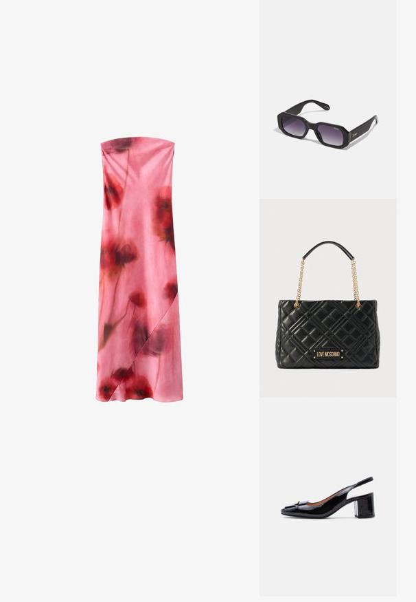 Robe maxi rose sans bretelles avec des motifs floraux rouges doux et foncés et un détail subtil façon portefeuille sur la jupe.; Chaussure à bride arrière en cuir noir brillant avec petit talon carré et boucle décorative sur l'orteil pointu, vue de profil sur fond blanc.; Lunettes de soleil noires surdimensionnées avec un front plat, des verres dégradés violets foncés et des branches accentuées de doré portant le logo de la marque "Quay."; Sac à main en cuir matelassé noir avec des anses en chaîne dorée et une plaque logo dorée "LOVE MOSCHINO" sur le devant.