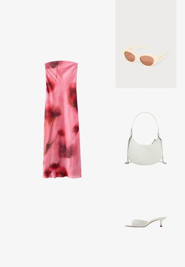 Robe maxi rose sans bretelles avec des motifs floraux rouges doux et foncés et un détail subtil façon portefeuille sur la jupe.; Mule ouverte blanche à bout ouvert avec un petit talon kitten bas et une tige en cuir lisse, montrée de profil sur un fond blanc.; Lunettes de soleil avec une monture jaune pâle, verres ovales teintés de brun, et logo "vogue" imprimé sur les branches. Texture lisse, design contemporain.; Sac à main synthétique blanc de forme courbée, avec une bandoulière en chaîne et un design minimaliste. Texture lisse avec des accents en métal argenté.