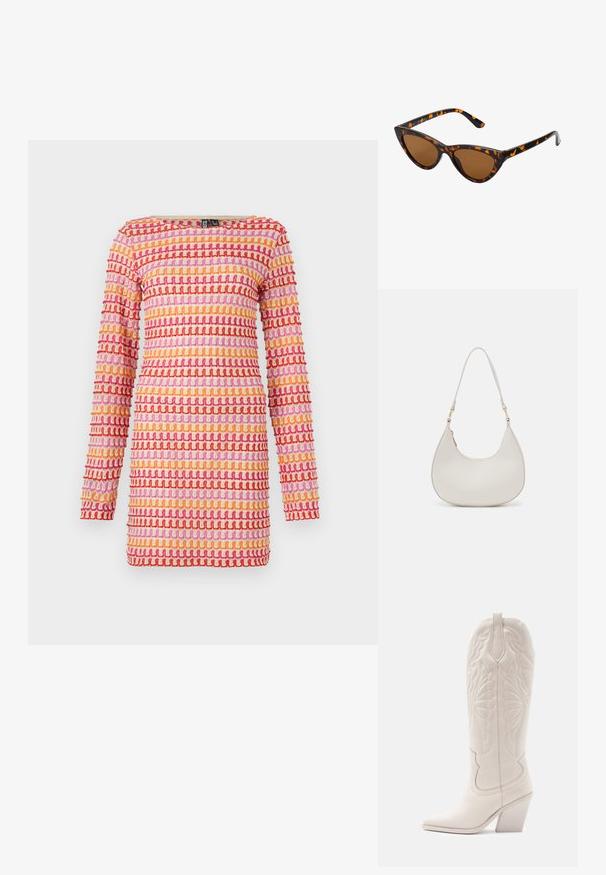 Langärmliges Kleid mit Rundhalsausschnitt, das ein mehrfarbiges wellenförmiges Muster in Rot, Pink, Orange und Gelb auf strukturiertem Stoff zeigt.; Weiße Leder-Cowboystiefel mit spitzer Zehe und blockiertem Absatz. Sie verfügen über aufwendige Steppmuster am Schaft und eine glatte Textur.; Katzenaugen-Sonnenbrille mit einem schwarz-orangenen Schildpattrahmen, braunen Gläsern und schlanken, spitzen Enden. Verfügt über ein minimalistisches Logo am Bügel.; Cremfarbene Leder-Schultertasche mit einer Halbmondform, dünnem Schulterriemen und subtilen Stichdetails. Minimalistisches Design mit goldfarbenen Hardware-Akzenten.