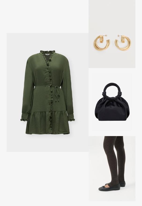 Robe vert olive à manches longues avec col et ourlet volantés, boutonnage devant, ceinture à nouer à la taille sur fond uni.; Jambes portant des leggings côtelés foncés associés à des ballerines noires avec de petits détails en nœud sur fond blanc.; Sac à main en tissu noir doux avec haut froncé et poignées circulaires rembourrées nouées de chaque côté.; Paire de boucles d'oreilles créoles doubles en or brillant avec attaches à tige sur fond blanc.